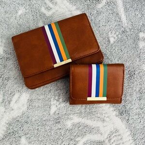 brown and striped faux leather wallet and card/coin purse duo
